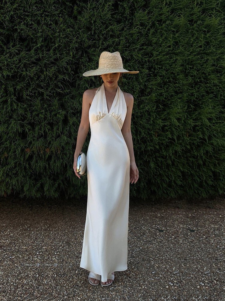 Ivory/Black Satin Halter V - Neck Open Back Slip Maxi Dress - EveningVerse - 10