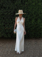 Ivory/Black Satin Halter V - Neck Open Back Slip Maxi Dress - EveningVerse - 10