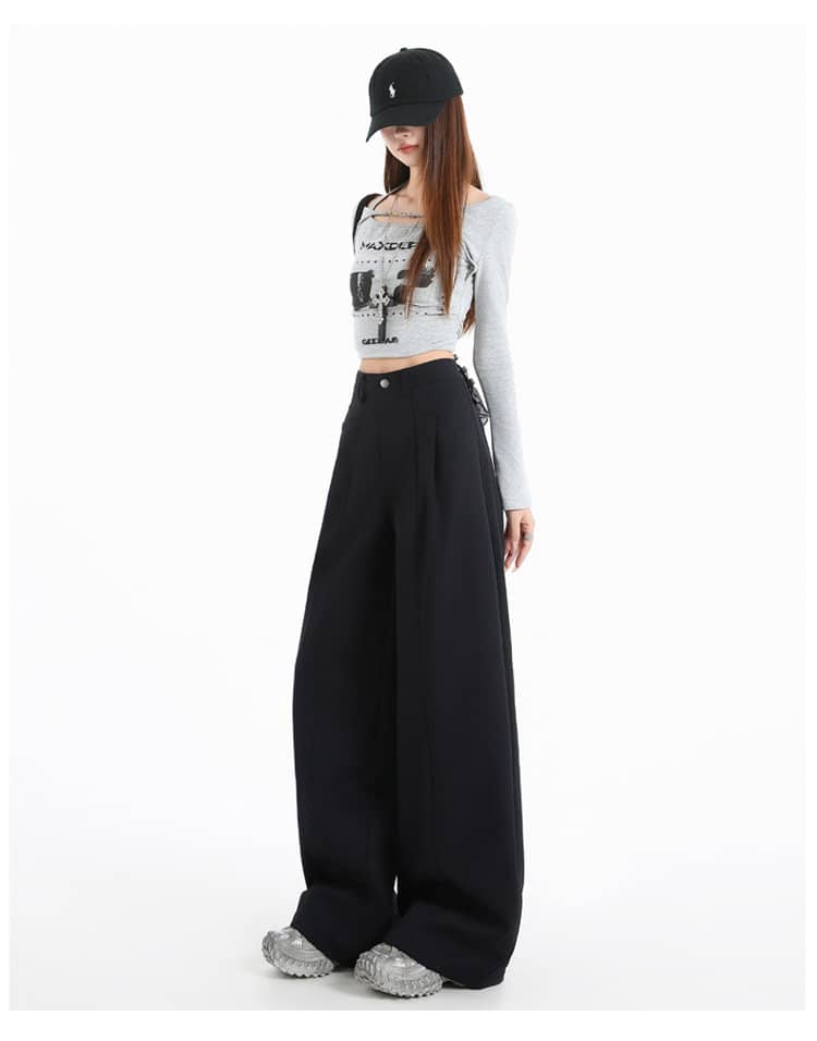 Khaki/Navy High Waist Wide Leg Straight Pants - EveningVerse - 4
