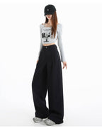 Khaki/Navy High Waist Wide Leg Straight Pants - EveningVerse - 7