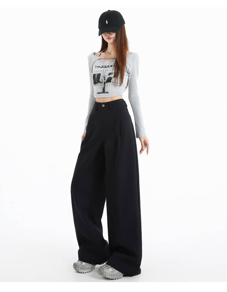 Khaki/Navy High Waist Wide Leg Straight Pants - EveningVerse - 7