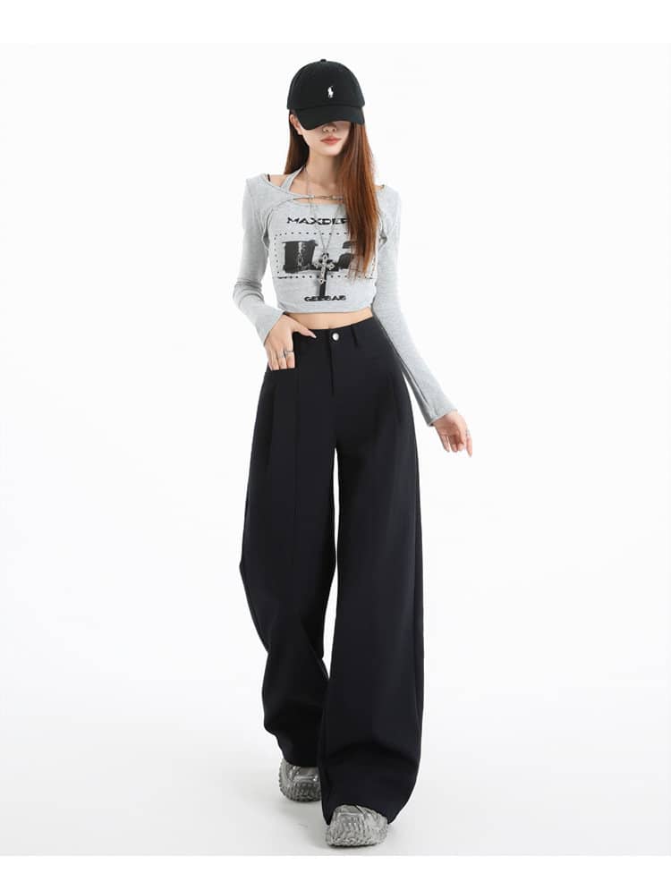 Khaki/Navy High Waist Wide Leg Straight Pants - EveningVerse - 6