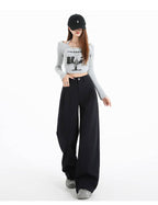 Khaki/Navy High Waist Wide Leg Straight Pants - EveningVerse - 6