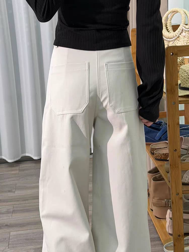 Khaki/Navy High Waist Wide Leg Straight Pants - EveningVerse - 12