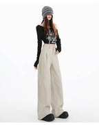 Khaki/Navy High Waist Wide Leg Straight Pants - EveningVerse - 2
