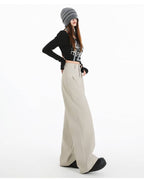 Khaki/Navy High Waist Wide Leg Straight Pants - EveningVerse - 3