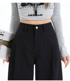Khaki/Navy High Waist Wide Leg Straight Pants - EveningVerse - 8