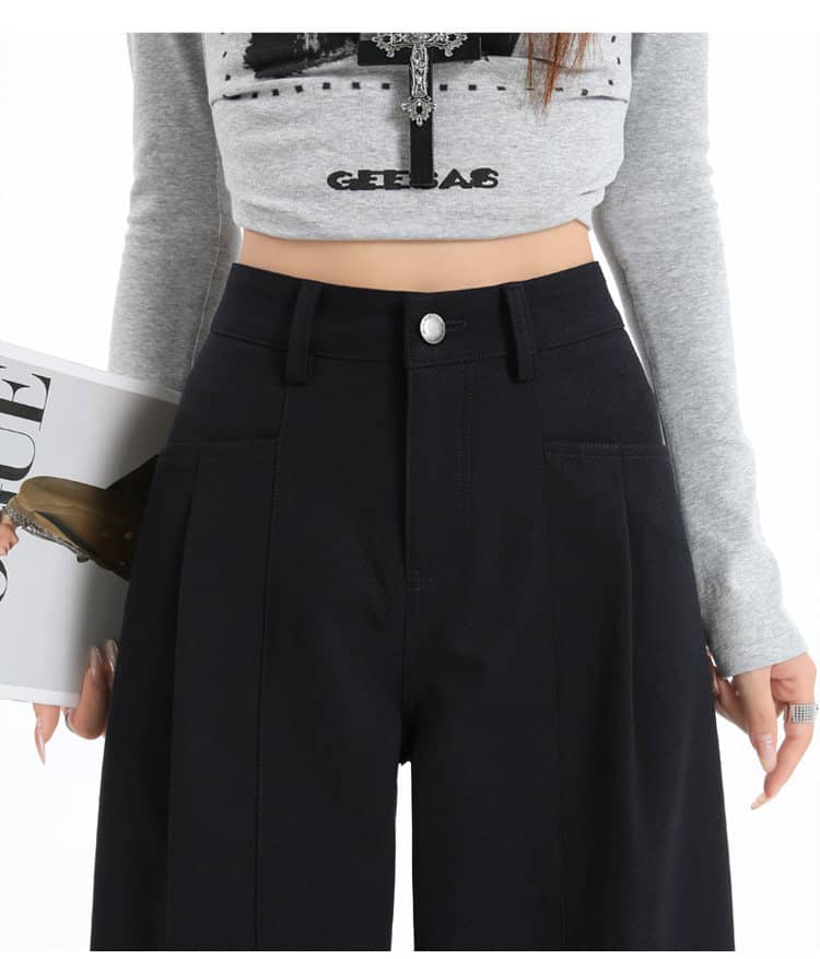 Khaki/Navy High Waist Wide Leg Straight Pants - EveningVerse - 8