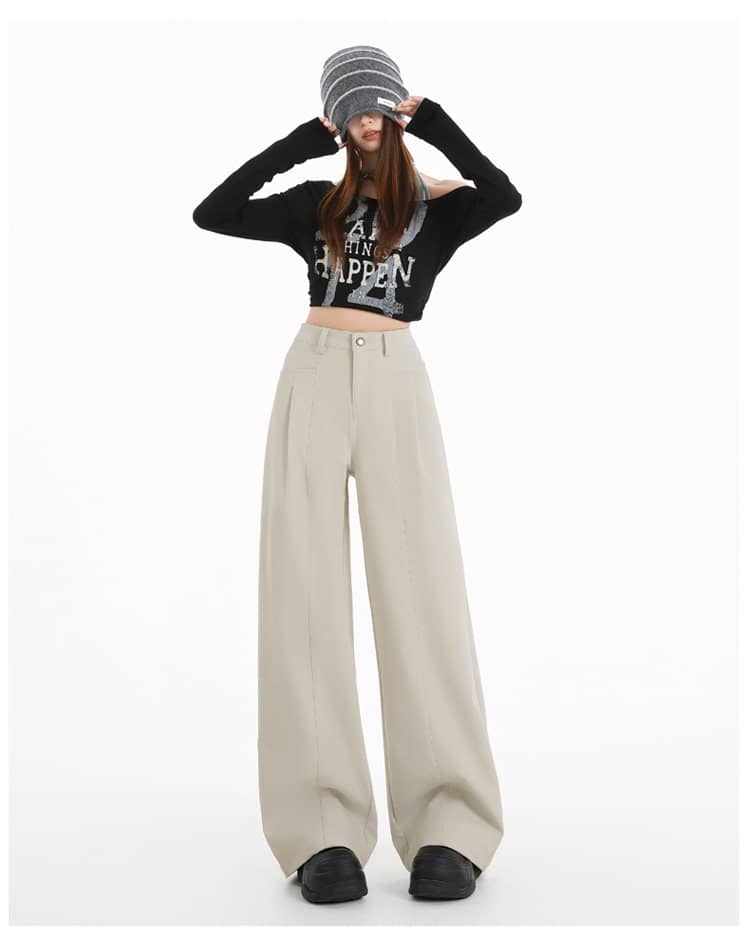 Khaki/Navy High Waist Wide Leg Straight Pants - EveningVerse - 1 Main image