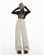 Khaki/Navy High Waist Wide Leg Straight Pants - EveningVerse - 1