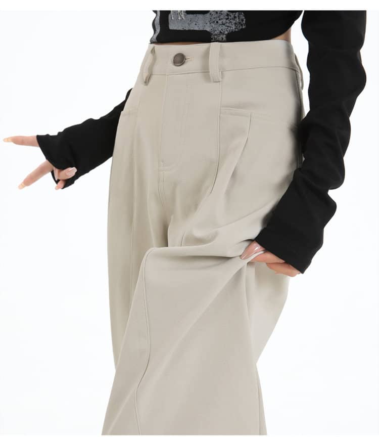 Khaki/Navy High Waist Wide Leg Straight Pants - EveningVerse - 13