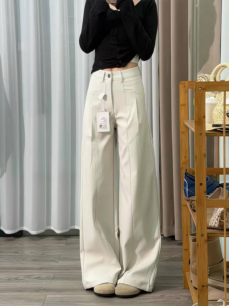 Khaki/Navy High Waist Wide Leg Straight Pants - EveningVerse - 11