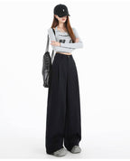 Khaki/Navy High Waist Wide Leg Straight Pants - EveningVerse - 5