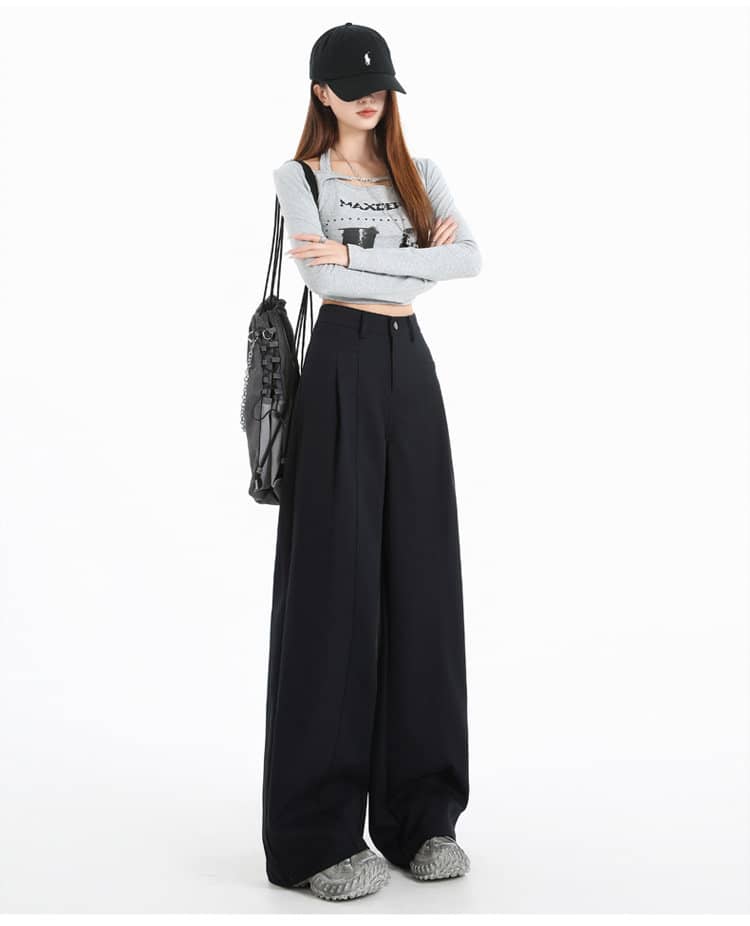Khaki/Navy High Waist Wide Leg Straight Pants - EveningVerse - 5