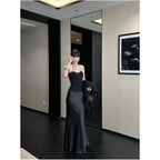 Lace Trim Strapless Satin Mermaid Maxi Gown - EveningVerse - 1