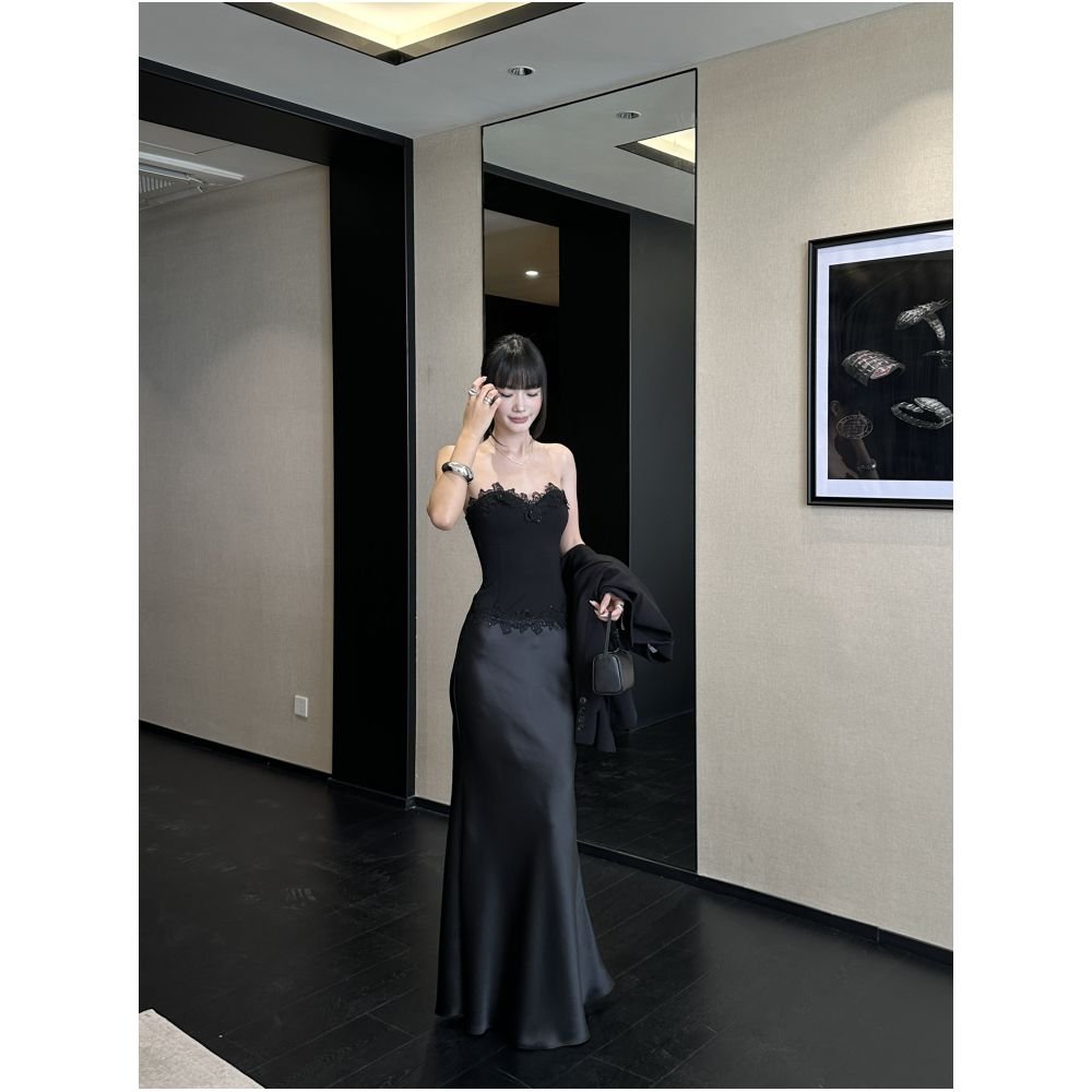 Lace Trim Strapless Satin Mermaid Maxi Gown - EveningVerse - 1
