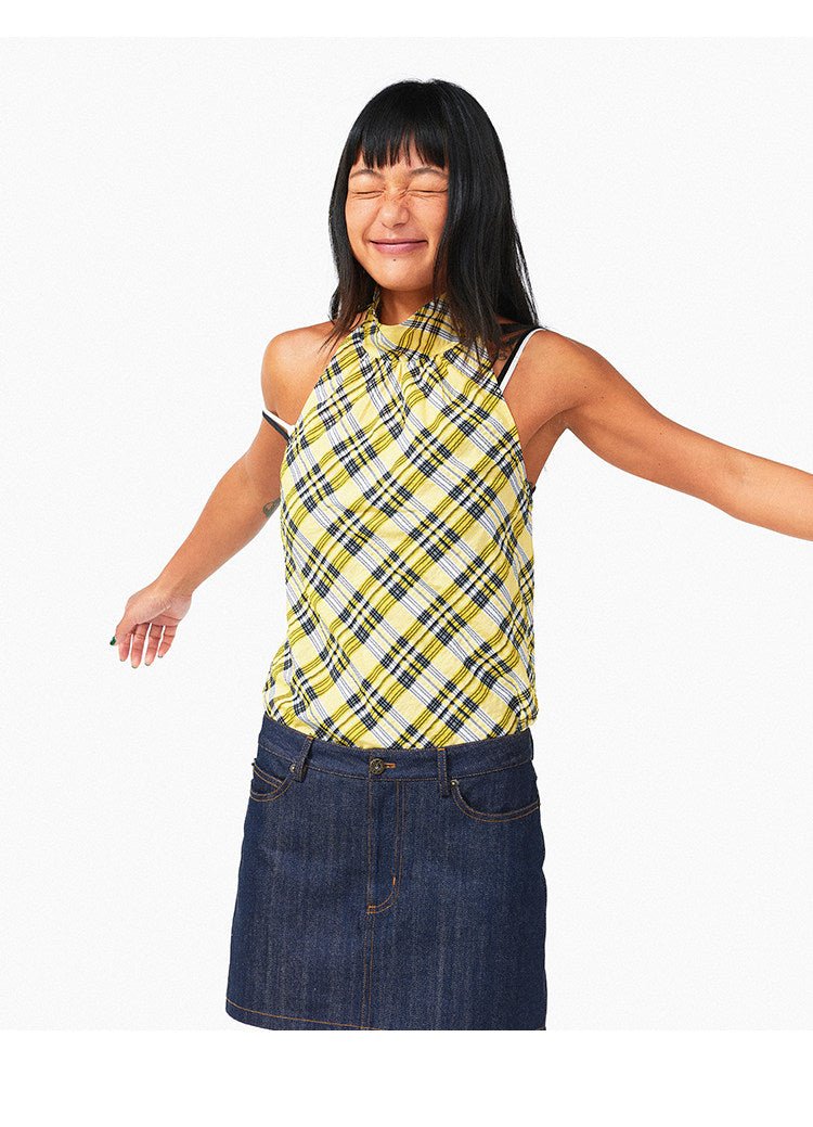 Lemon Yellow & Navy Blue Cotton Plaid Halter Top - EveningVerse1