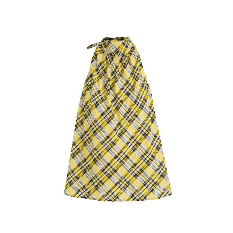 Lemon Yellow & Navy Blue Cotton Plaid Halter Top - EveningVerse11