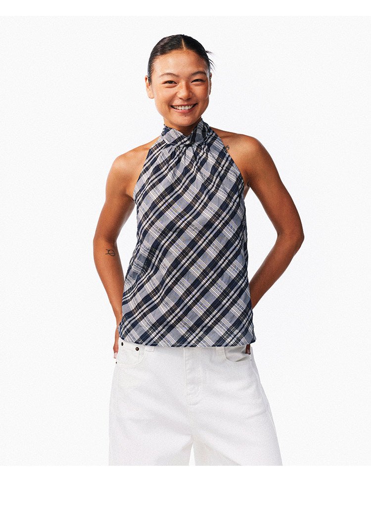 Lemon Yellow & Navy Blue Cotton Plaid Halter Top - EveningVerse9