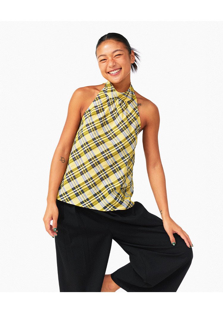 Lemon Yellow & Navy Blue Cotton Plaid Halter Top - EveningVerse3