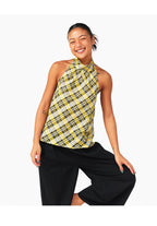 Lemon Yellow & Navy Blue Cotton Plaid Halter Top - EveningVerse3