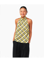 Lemon Yellow & Navy Blue Cotton Plaid Halter Top - EveningVerse2