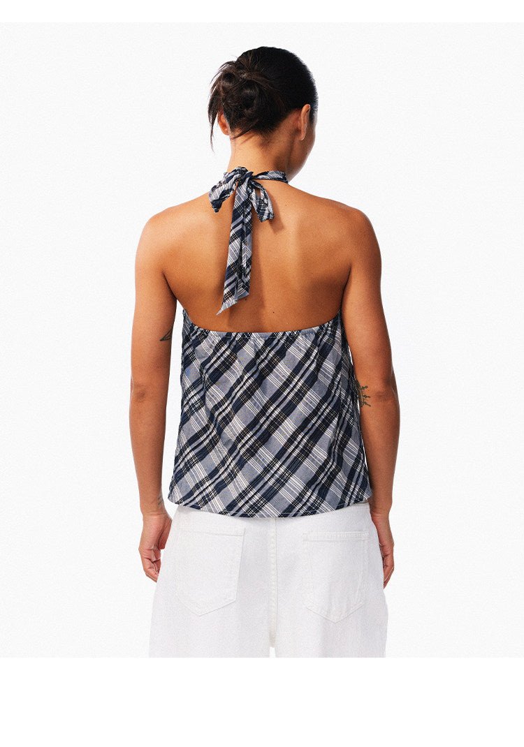 Lemon Yellow & Navy Blue Cotton Plaid Halter Top - EveningVerse10