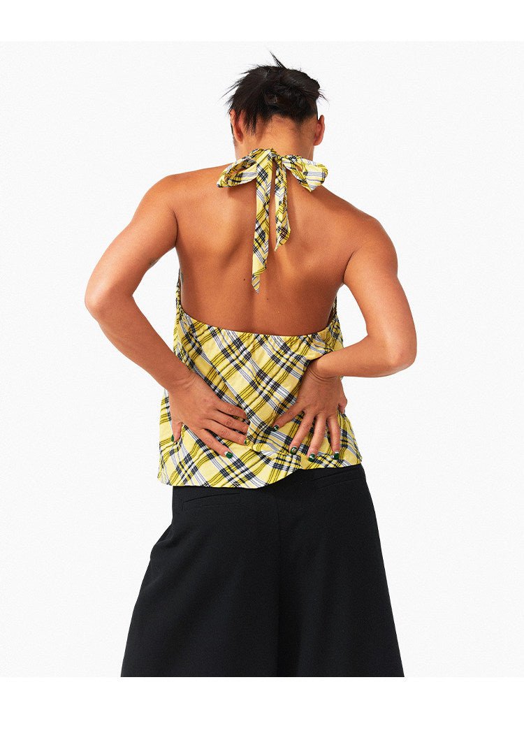 Lemon Yellow & Navy Blue Cotton Plaid Halter Top - EveningVerse5
