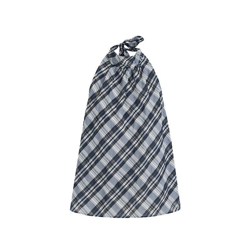 Lemon Yellow & Navy Blue Cotton Plaid Halter Top - EveningVerse12