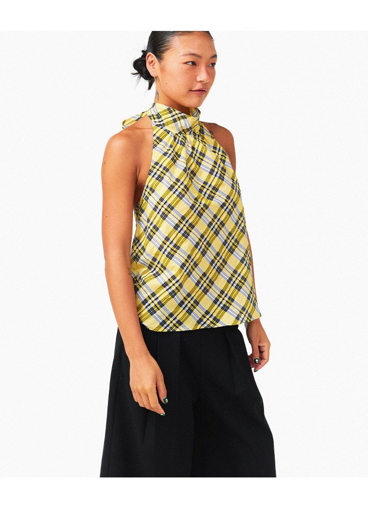 Lemon Yellow & Navy Blue Cotton Plaid Halter Top - EveningVerse4