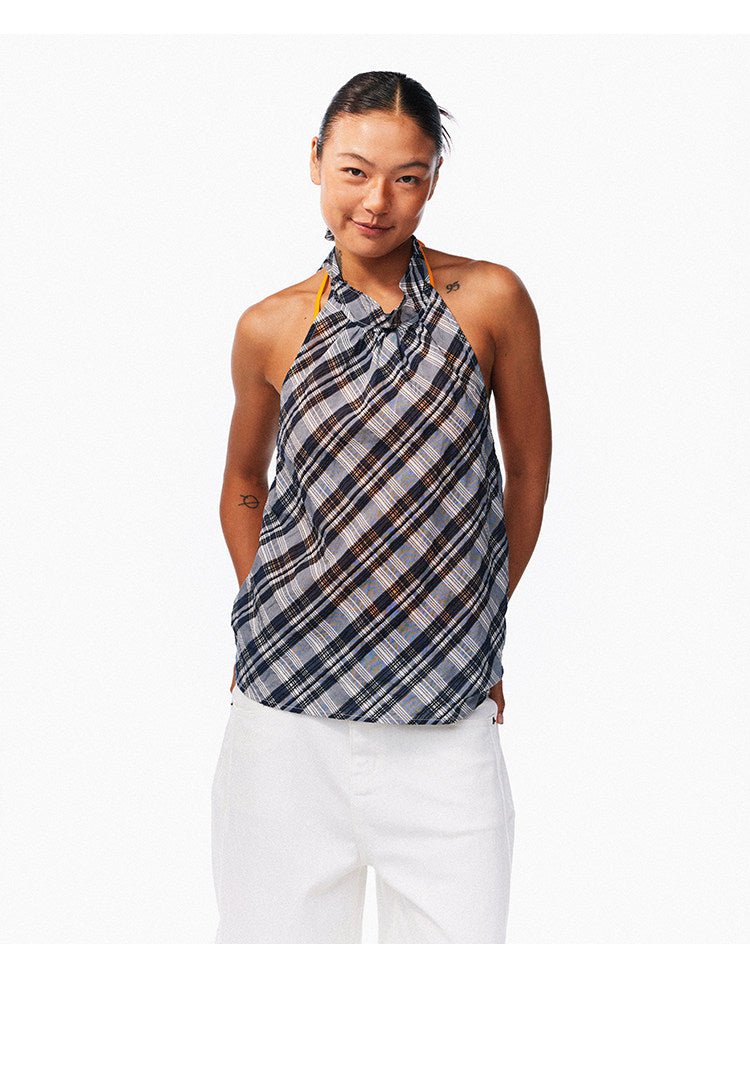 Lemon Yellow & Navy Blue Cotton Plaid Halter Top - EveningVerse8