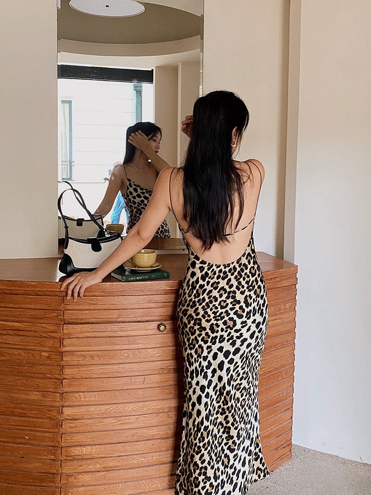 Leopard Print Cowl Neck Spaghetti Strap Open Back Mermaid Dress | EveningVerse