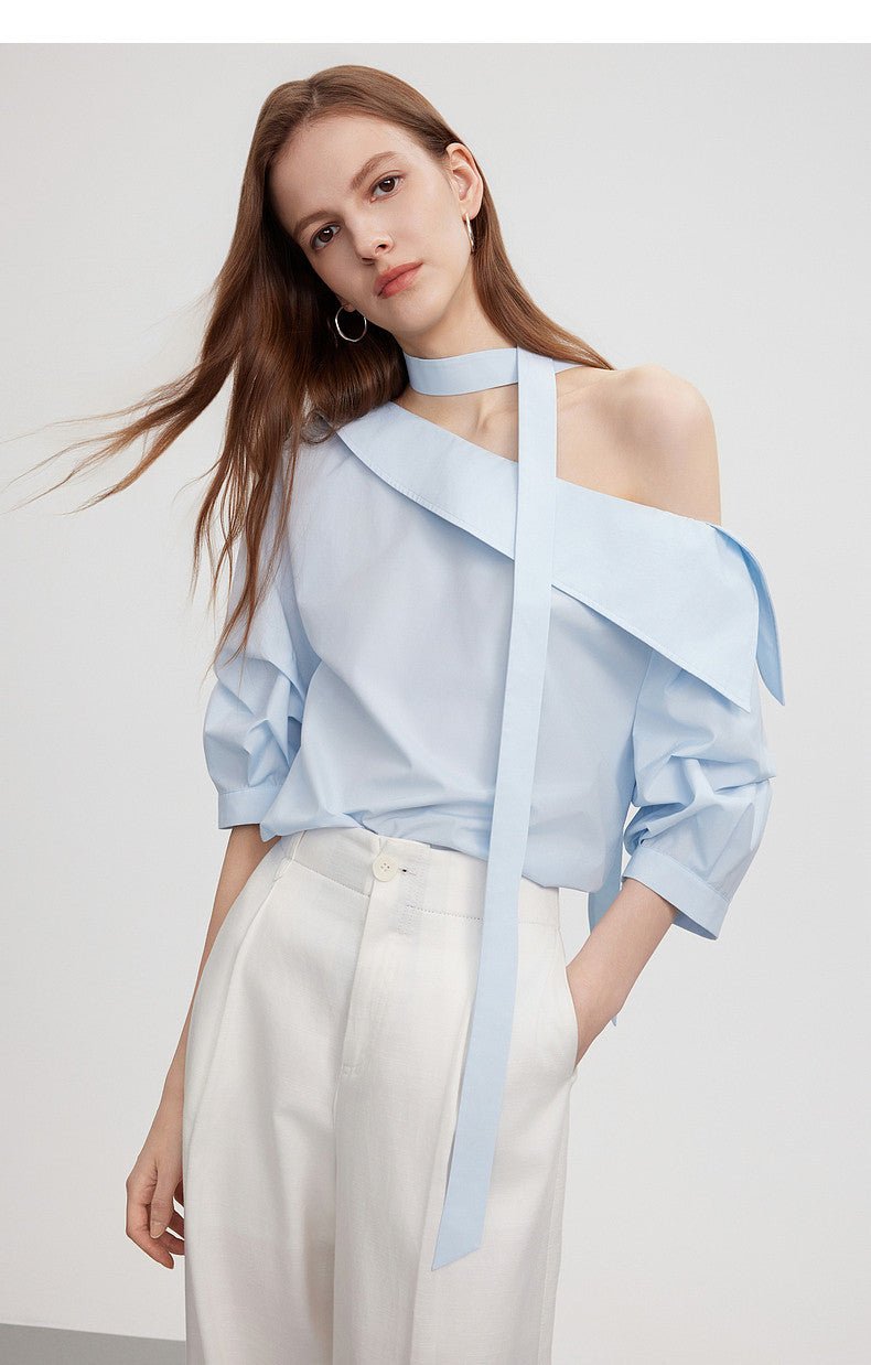 Light Blue Asymmetric Off Shoulder Ribbon Tie Loose Blouse Top - EveningVerse#1