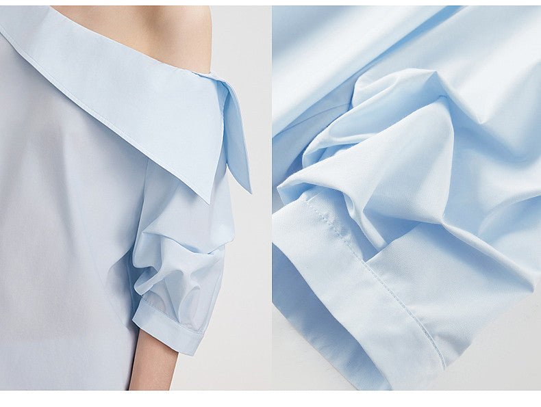 Light Blue Asymmetric Off Shoulder Ribbon Tie Loose Blouse Top - EveningVerse#5
