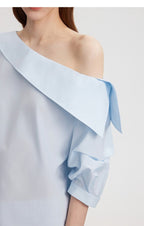Light Blue Asymmetric Off Shoulder Ribbon Tie Loose Blouse Top - EveningVerse#4