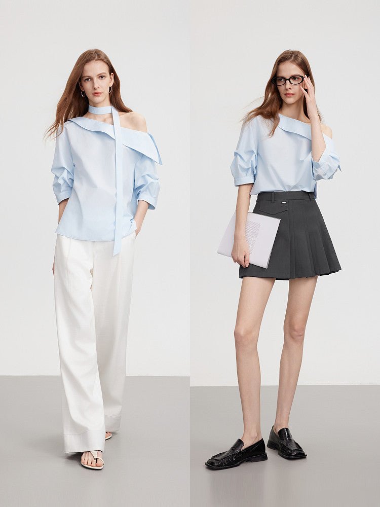 Light Blue Asymmetric Off Shoulder Ribbon Tie Loose Blouse Top - EveningVerse#7