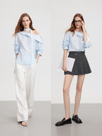 Light Blue Asymmetric Off Shoulder Ribbon Tie Loose Blouse Top - EveningVerse#7