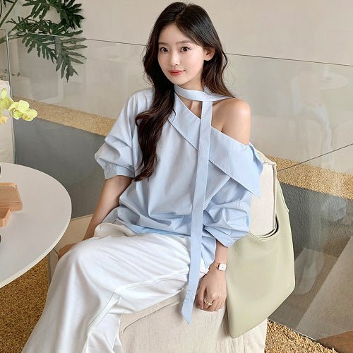 Light Blue Asymmetric Off Shoulder Ribbon Tie Loose Blouse Top - EveningVerse#6