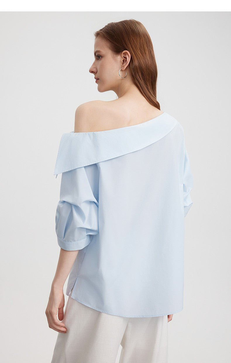 Light Blue Asymmetric Off Shoulder Ribbon Tie Loose Blouse Top - EveningVerse#8