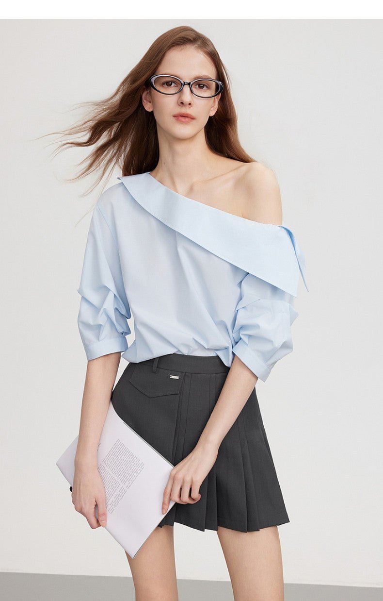Light Blue Asymmetric Off Shoulder Ribbon Tie Loose Blouse Top - EveningVerse#2