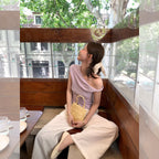 Lilac Purple/Oatmeal Asymmetric Twist Off-the-shoulder Short Sleeve Top - EveningVerse12