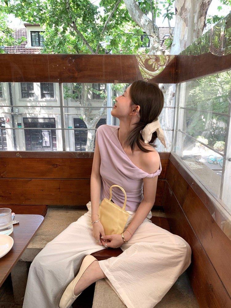 Lilac Purple/Oatmeal Asymmetric Twist Off-the-shoulder Short Sleeve Top - EveningVerse1