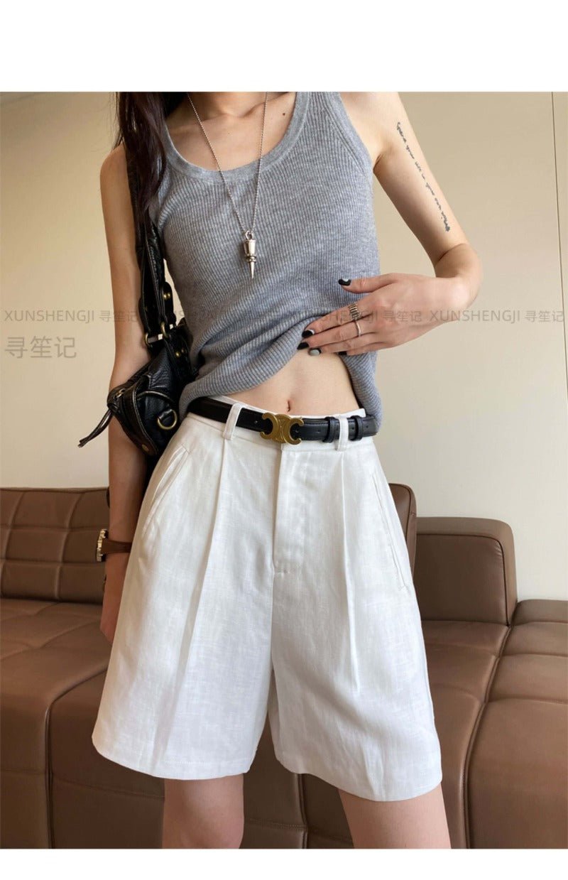 Linen/White High Waist Pleated Linen Shorts - EveningVerse - 8