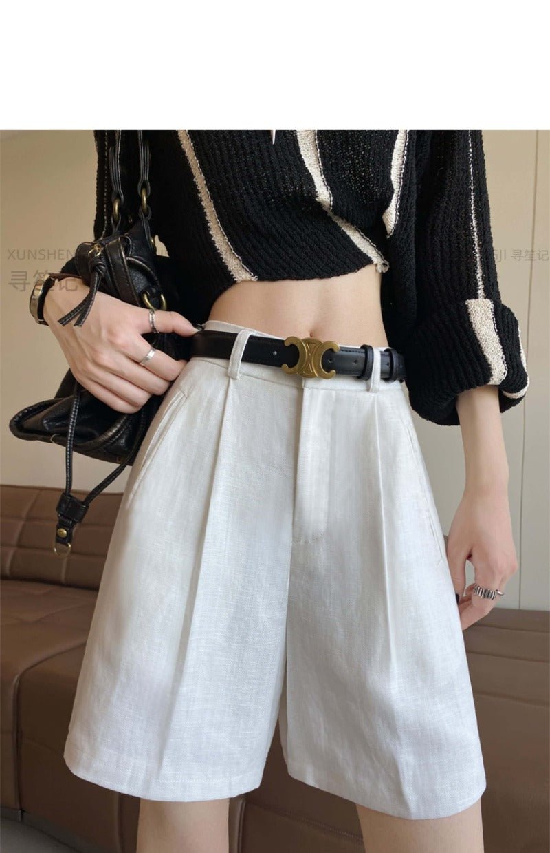 Linen/White High Waist Pleated Linen Shorts - EveningVerse - 11