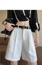 Linen/White High Waist Pleated Linen Shorts - EveningVerse - 11