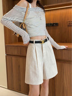 Linen/White High Waist Pleated Linen Shorts - EveningVerse - 2
