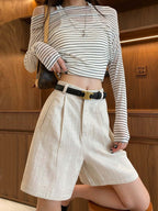 Linen/White High Waist Pleated Linen Shorts - EveningVerse - 1