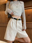 Linen/White High Waist Pleated Linen Shorts - EveningVerse - 1