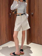 Linen/White High Waist Pleated Linen Shorts - EveningVerse - 3