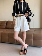 Linen/White High Waist Pleated Linen Shorts - EveningVerse - 5